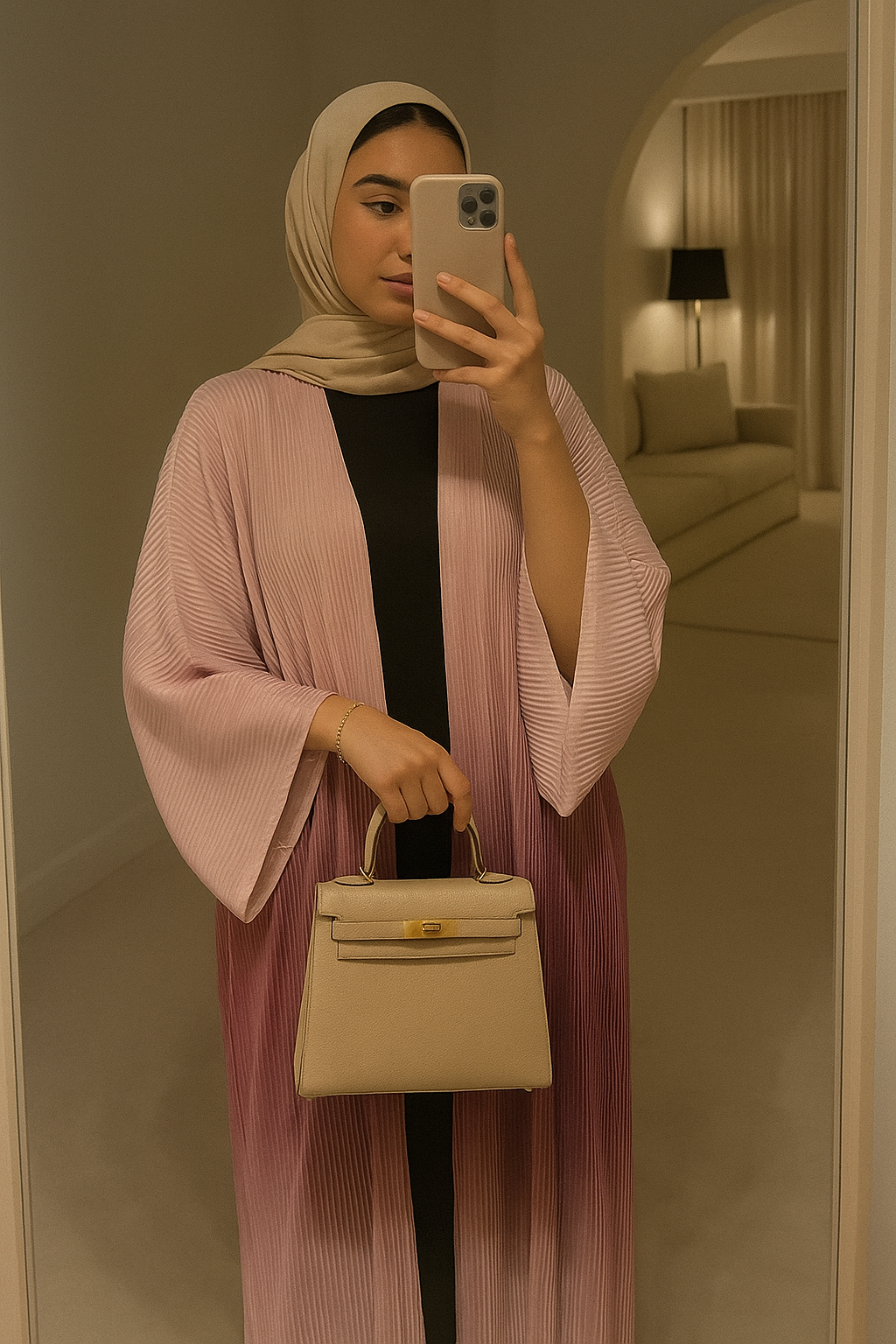 AYA – Abaya rose poudré plissée