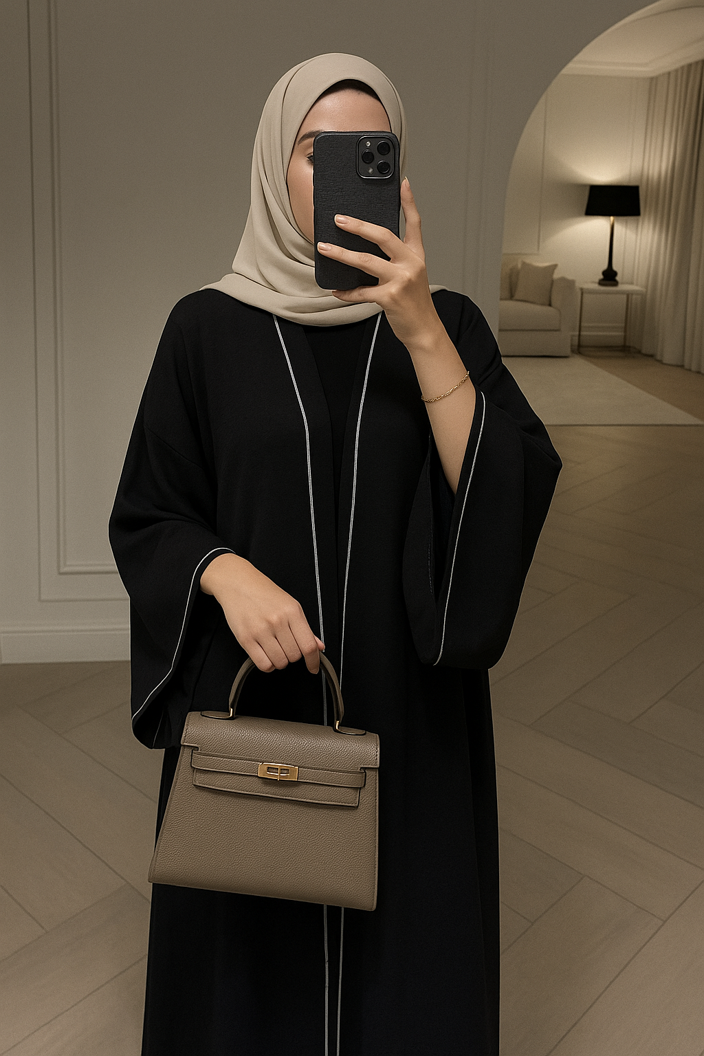 NOUR – Abaya noire à lignes blanches