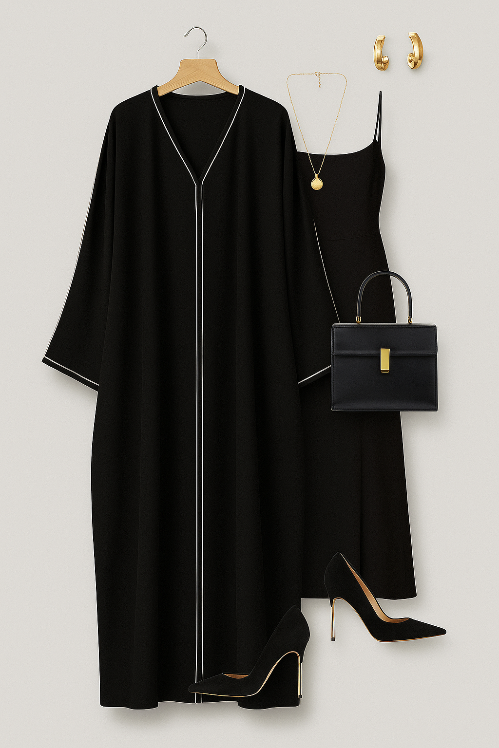 NOUR – Abaya noire à lignes blanches